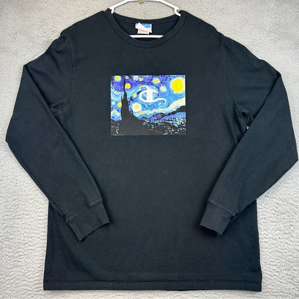 Champion Shirt Mens Large Black Van Gogh Starry Night Graphic‎ Long Sleeve Tee
